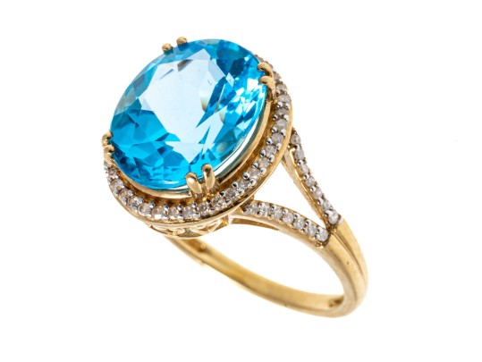 10k Yellow Gold Striking Blue Topaz And Diamond Halo Ring, Size 7