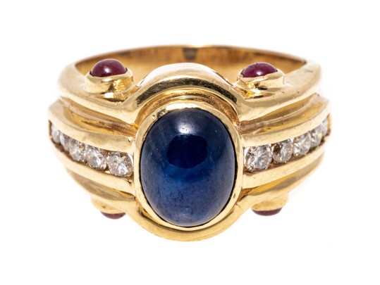 Handsome 14K Sapphire, Diamond And Ruby Set Ring, Size 7.25