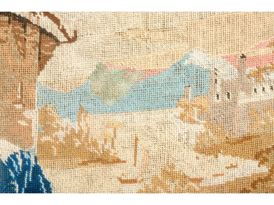 Antique 19th C. Needlepoint, Man And Woman On A Balcony