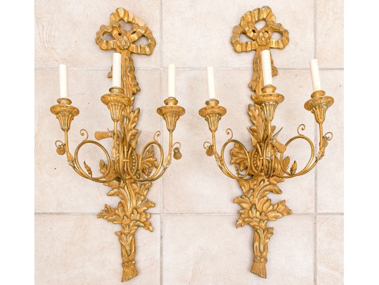 Pair Of Gilt Carved Italian Triple  Light Electrfied Wall Sconces
