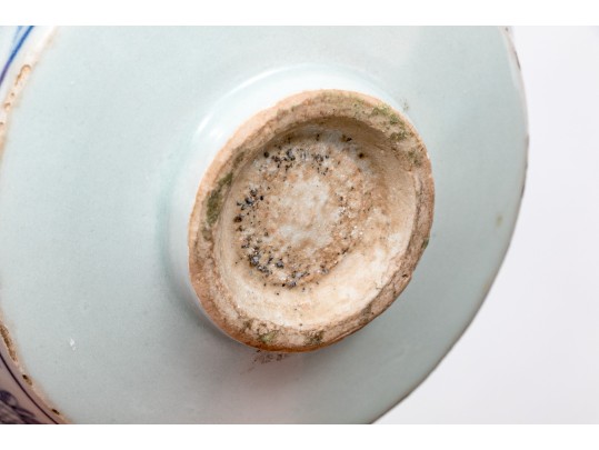 Antique Chinese Underglaze Blue And White Porcelain Footed Dish With Wood Stand