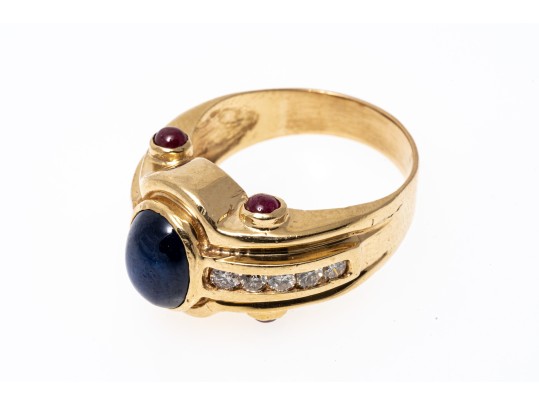 Handsome 14K Sapphire, Diamond And Ruby Set Ring, Size 7.25