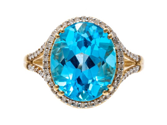 10k Yellow Gold Striking Blue Topaz And Diamond Halo Ring, Size 7