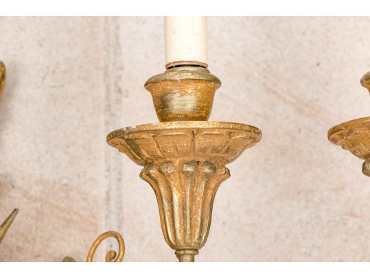 Pair Of Gilt Carved Italian Triple  Light Electrfied Wall Sconces