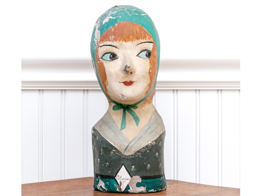 French Painted Papier-mache Milliner's Head, 1810  Painted Bust