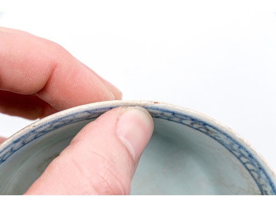 Antique Chinese Underglaze Blue And White Porcelain Footed Dish With Wood Stand