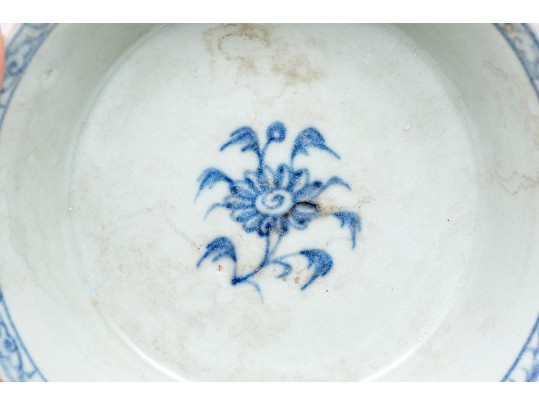 Antique Chinese Underglaze Blue And White Porcelain Footed Dish With Wood Stand