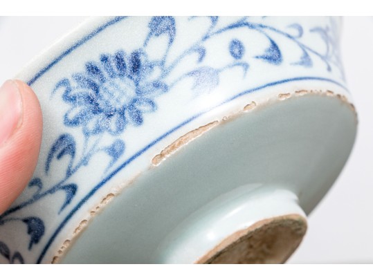 Antique Chinese Underglaze Blue And White Porcelain Footed Dish With Wood Stand