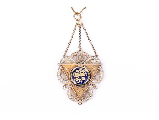 18K Enamel And Seed Pearl Mourning Pendant Necklace