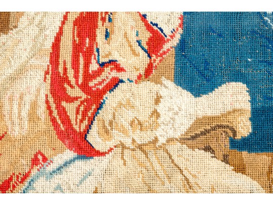 Antique 19th C. Needlepoint, Man And Woman On A Balcony