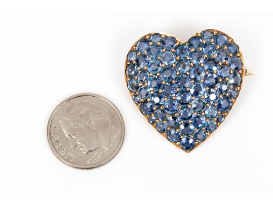 14K And Blue Spinel Set Heart Pendant / Brooch