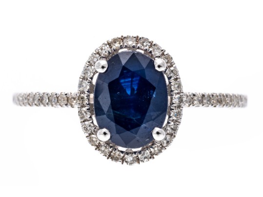 Contemporary 14K White Gold Single Sapphire And Diamond Halo Ring, Size 7.25-