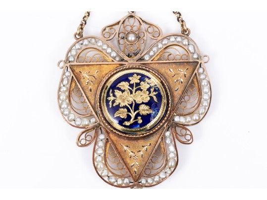 18K Enamel And Seed Pearl Mourning Pendant Necklace