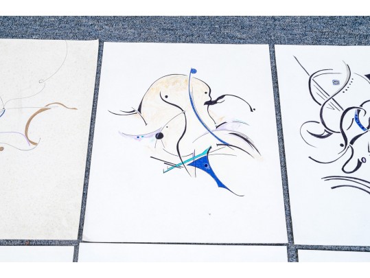 Group Of Nine Mixed Media On Paper Abstract Designs