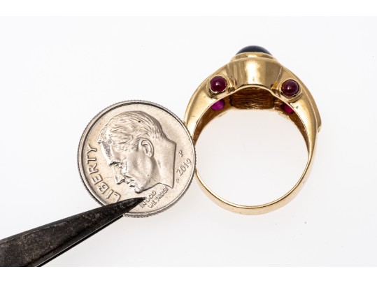 Handsome 14K Sapphire, Diamond And Ruby Set Ring, Size 7.25