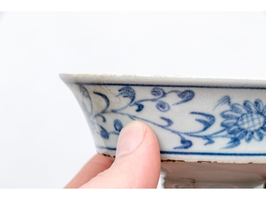 Antique Chinese Underglaze Blue And White Porcelain Footed Dish With Wood Stand