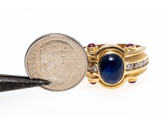 Handsome 14K Sapphire, Diamond And Ruby Set Ring, Size 7.25