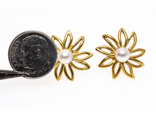 Captivating Floral Pearl And 14K Earrings