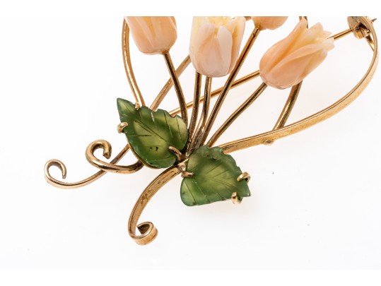 Timeless Carved Coral Floral 18K Brooch
