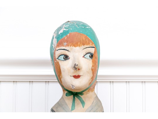 French Painted Papier-mache Milliner's Head, 1810  Painted Bust