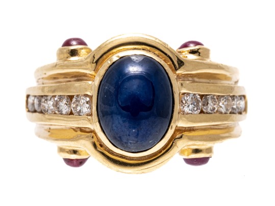 Handsome 14K Sapphire, Diamond And Ruby Set Ring, Size 7.25