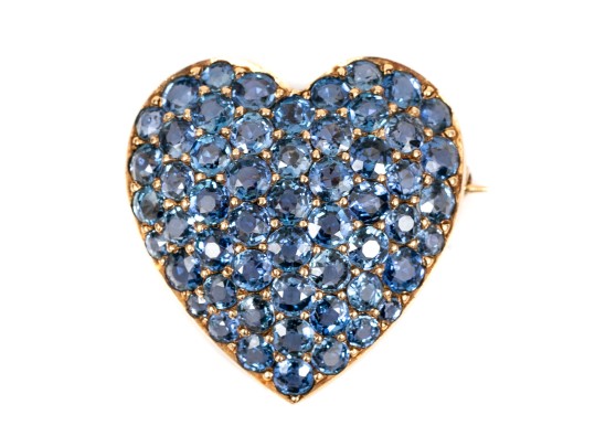14K And Blue Spinel Set Heart Pendant / Brooch