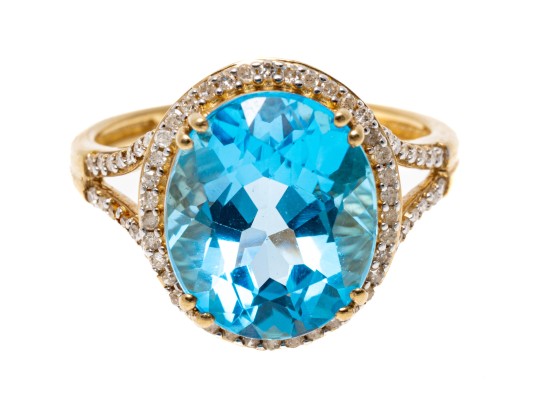 10k Yellow Gold Striking Blue Topaz And Diamond Halo Ring, Size 7