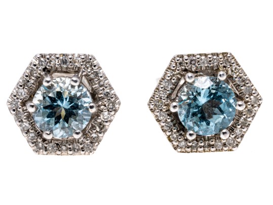 Petite 14K White Gold Aquamarine And Diamond Stud Earrings