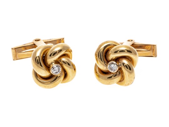 14k Yellow Gold Love Knot Cufflinks Set With Diamonds, 0.16 TCW