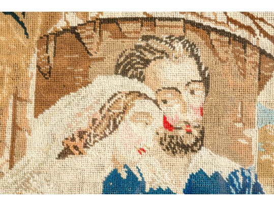 Antique 19th C. Needlepoint, Man And Woman On A Balcony