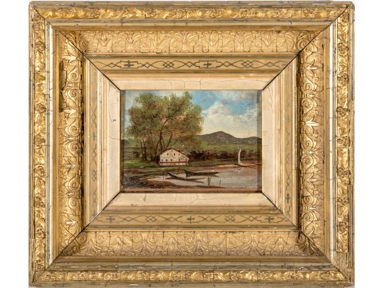 Diminutive Oil On Board, Rural Landscape With Cottage And Sailboats