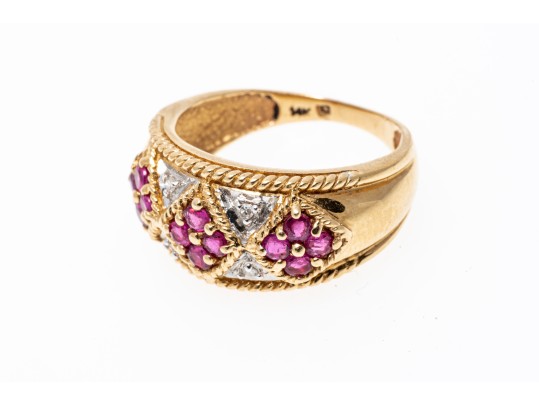 14k Yellow Gold Handsome Ruby And Diamond Argyle Motif Ring, Size 6