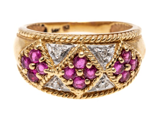 14k Yellow Gold Handsome Ruby And Diamond Argyle Motif Ring, Size 6