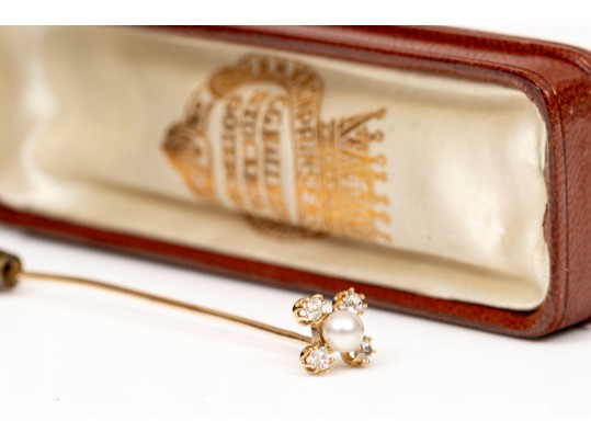 Vintage 18K Diamond And Cultured Pearl Stick Pin