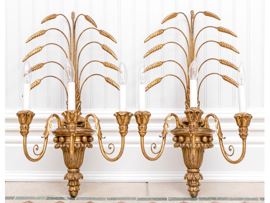 Vintage Italian Gilt Triple-light Wall Sconces