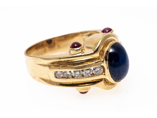 Handsome 14K Sapphire, Diamond And Ruby Set Ring, Size 7.25