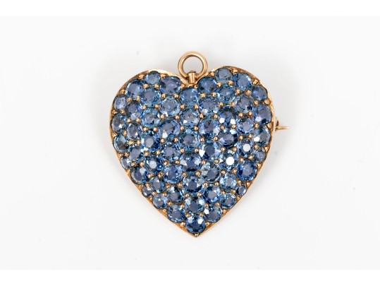 14K And Blue Spinel Set Heart Pendant / Brooch
