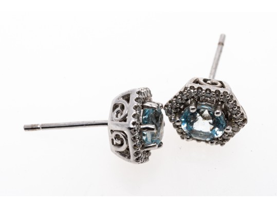 Petite 14K White Gold Aquamarine And Diamond Stud Earrings