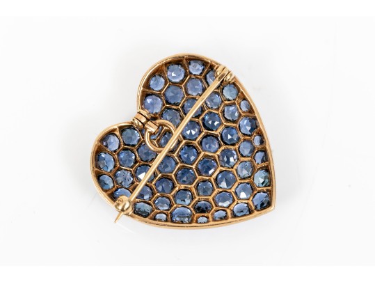 14K And Blue Spinel Set Heart Pendant / Brooch
