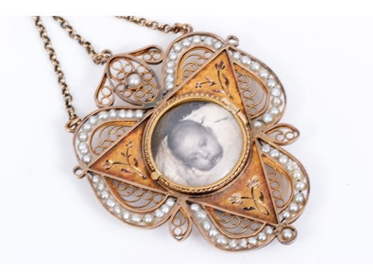 18K Enamel And Seed Pearl Mourning Pendant Necklace