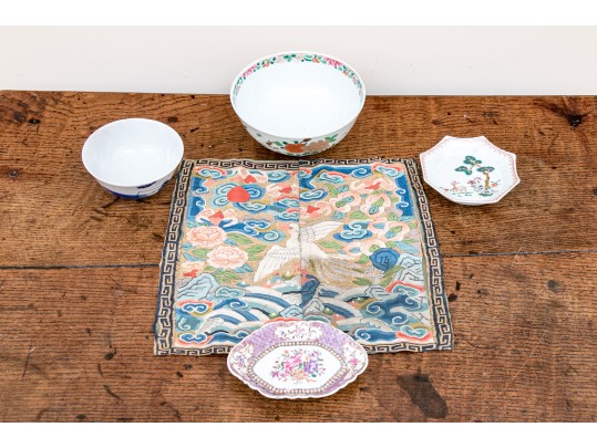 Chinese Porcelain Group & Embroidered Textile