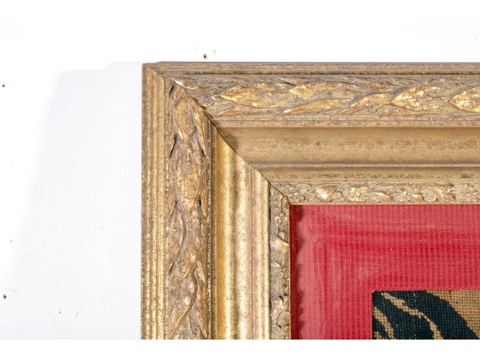 Antique 19th C. Needlepoint, Man And Woman On A Balcony