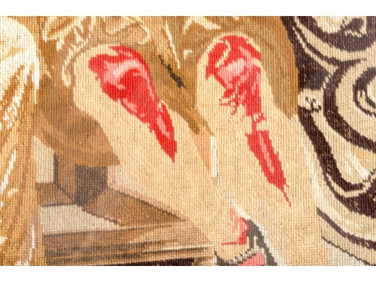 Antique 19th C. Needlepoint, Man And Woman On A Balcony