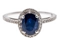 Contemporary 14K White Gold Single Sapphire And Diamond Halo Ring, Size 7.25-