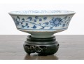 Antique Chinese Underglaze Blue And White Porcelain Footed Dish With Wood Stand