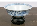 Antique Chinese Underglaze Blue And White Porcelain Footed Dish With Wood Stand
