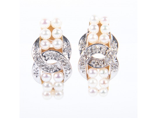14k Gold Cultured Pearl And Diamond Stud Earrings