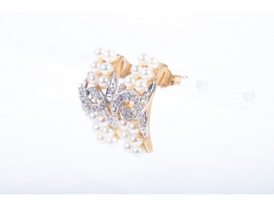 14k Gold Cultured Pearl And Diamond Stud Earrings