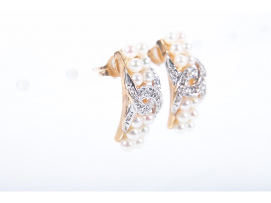 14k Gold Cultured Pearl And Diamond Stud Earrings