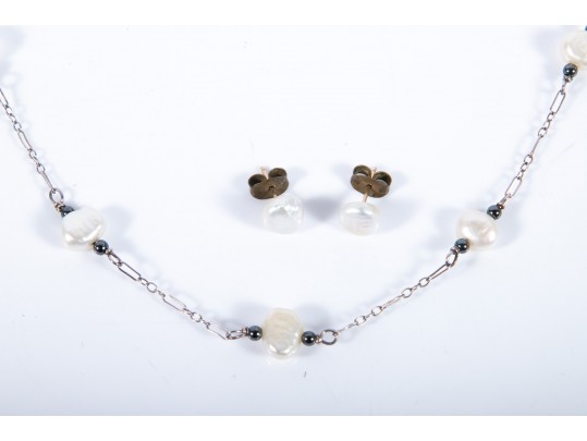 Sterling Silver Cultured Keshi Pearl Necklace And 14k Stud Earrings